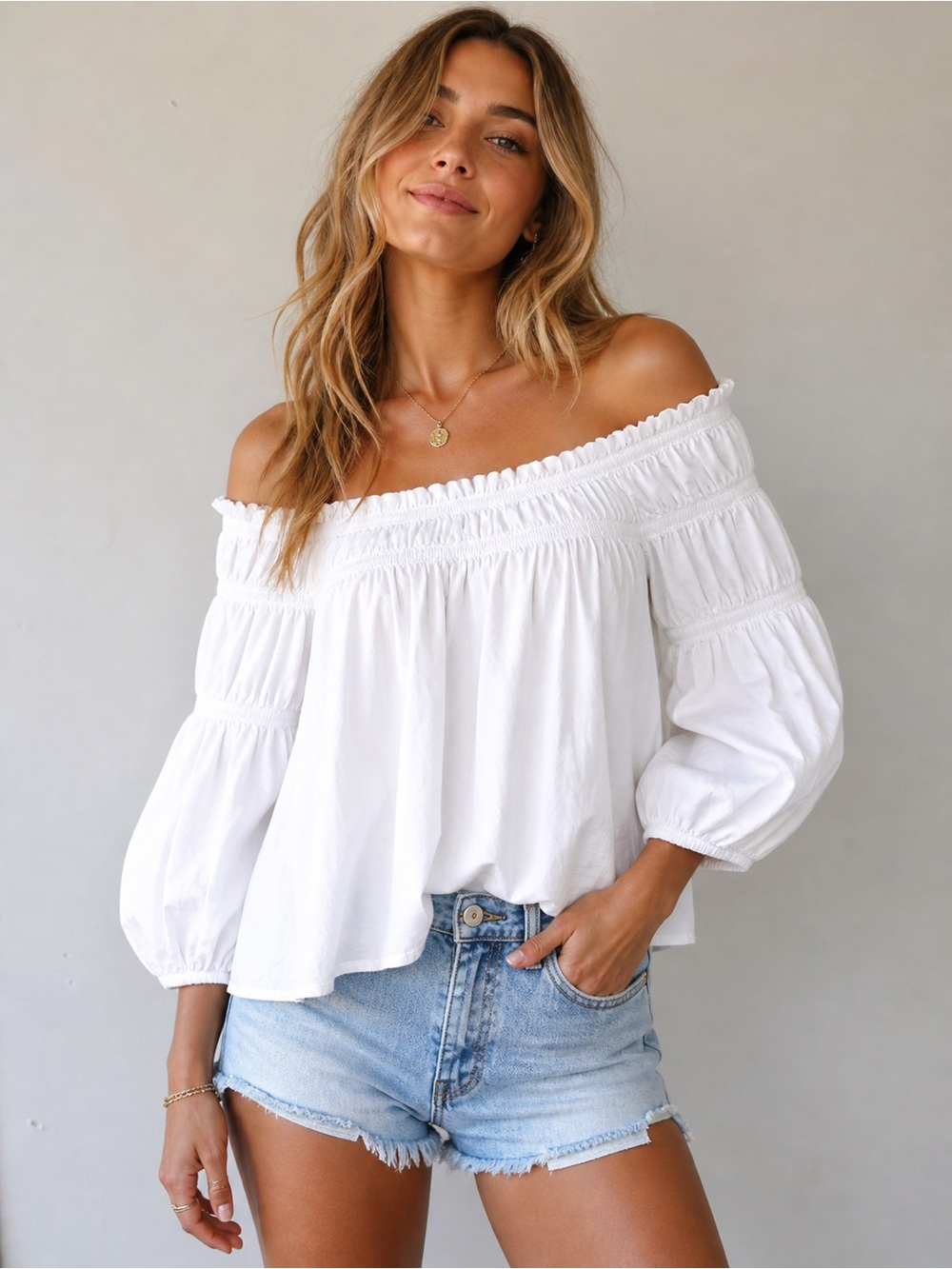 Free People Cece Poplin Off Shoulder Top Crisp White Boho Smocked Small